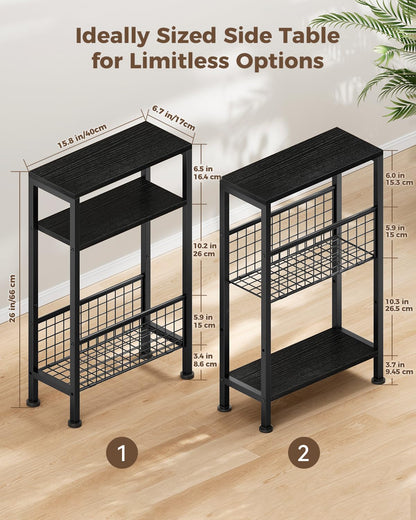 Yuede Narrow Side Table with Magazine Rack, 3-tier Slim Bedside Table, Small End Table for Living Room, Bedroom, MDF & Metal Frame (Black)