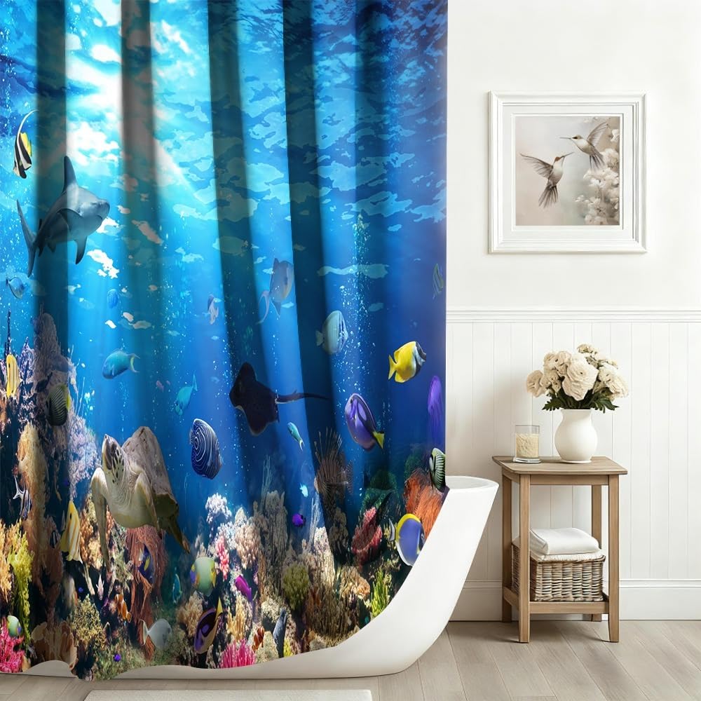 Xiaoterna Marine Life Shower Curtain 3D Under The Sea Ocean Animals Bathroom Curtain Ocean Underwater Fish Dolphin Turtle Shark Washable Shower