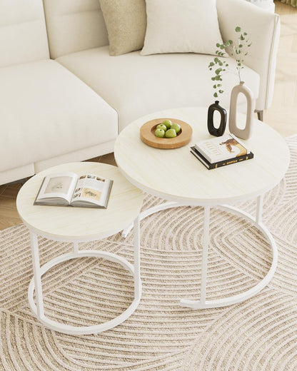HEYZOEY Round Coffee Tables, Removable Set of 2 End Table, Nesting Tables with White Metal Frame Legs and Wooden Oak Top for Living Room, Bedroom