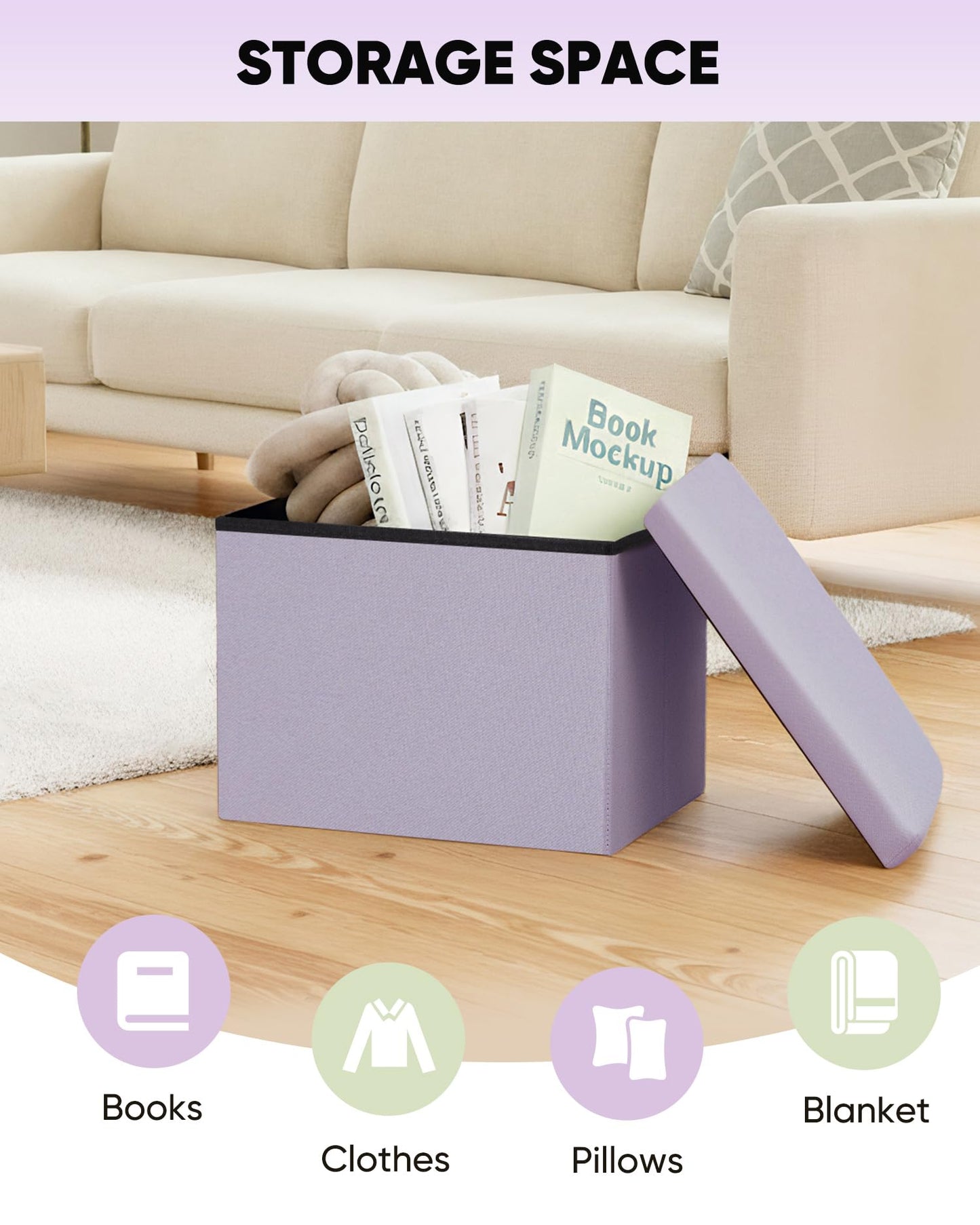 Bonlife Ottoman Storage Box - Foldable Rectangular Footstool for Living Room, Kids Toy Chest with Lid, Multi-Use Seat & Storage, Light purple