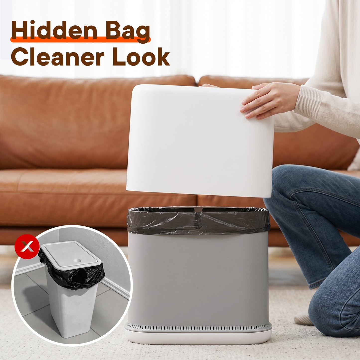TidyTale Bathroom Trash Can with Lid, Small Slim Garbage Bin with Inner Bucket, Dog Proof Press Top Lid Narrow Wastebasket, Hidden Bag Design