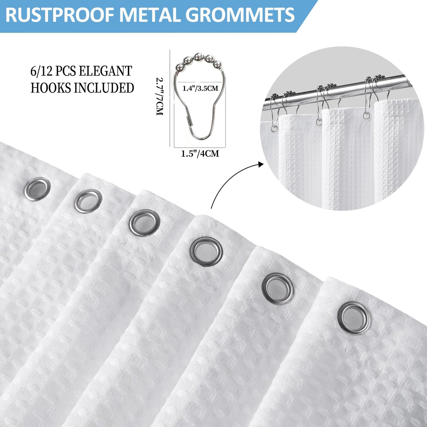 FY&XZH Heavy-Duty Waffle Weave Shower Curtain with Stainless Steel Hooks, Thick Fabric for Bathroom, Hotel, Spa & Salon-122 x 183cm (White)