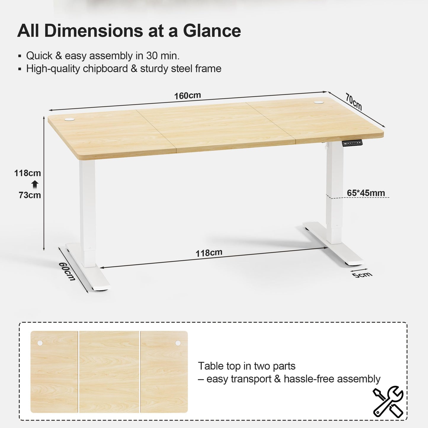JUMMICO Electric Standing Desk 160x60cm – Height Adjustable with USB Charging, Sedentary Reminder, Memory Heights for Home Office Use, Beige