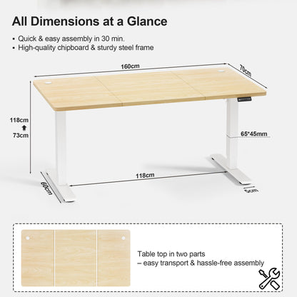 JUMMICO Electric Standing Desk 160x60cm – Height Adjustable with USB Charging, Sedentary Reminder, Memory Heights for Home Office Use, Beige