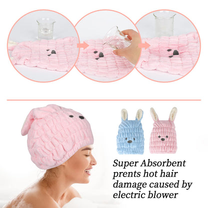 2 Pieces Dry Hair Hat Hair Drying Towels for Women Microfiber Dry Hair Cap with Cute Rabbit Ears Quick Drying Bath Cap Cartoon Hair Turbans Twist