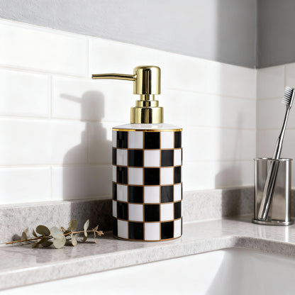 Checkered Bathroom Soap Dispenser,Gold Pump Ceramic Soap Dispenser,Kitchen Checkerboard Empty Pump Bottle,Bath Countertop Storage Organizer,Checkered