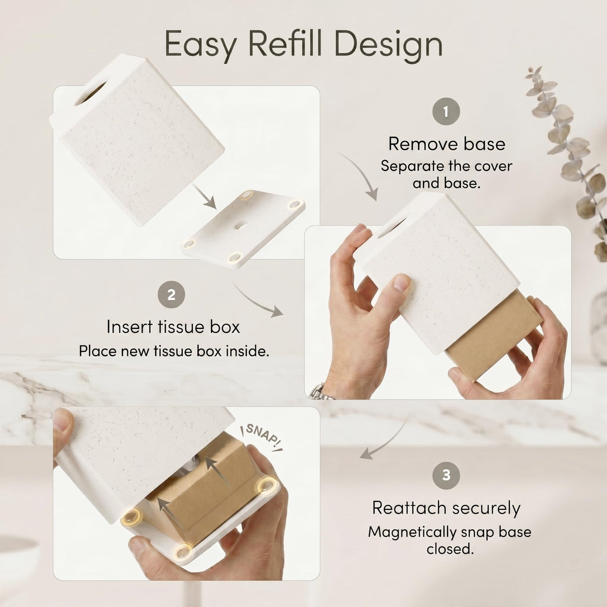 White Tissue Box Cover, Modern Square Decorative Tissue Box Holder with Travertine-Inspired Finish, Removable Magnetic Base Lid