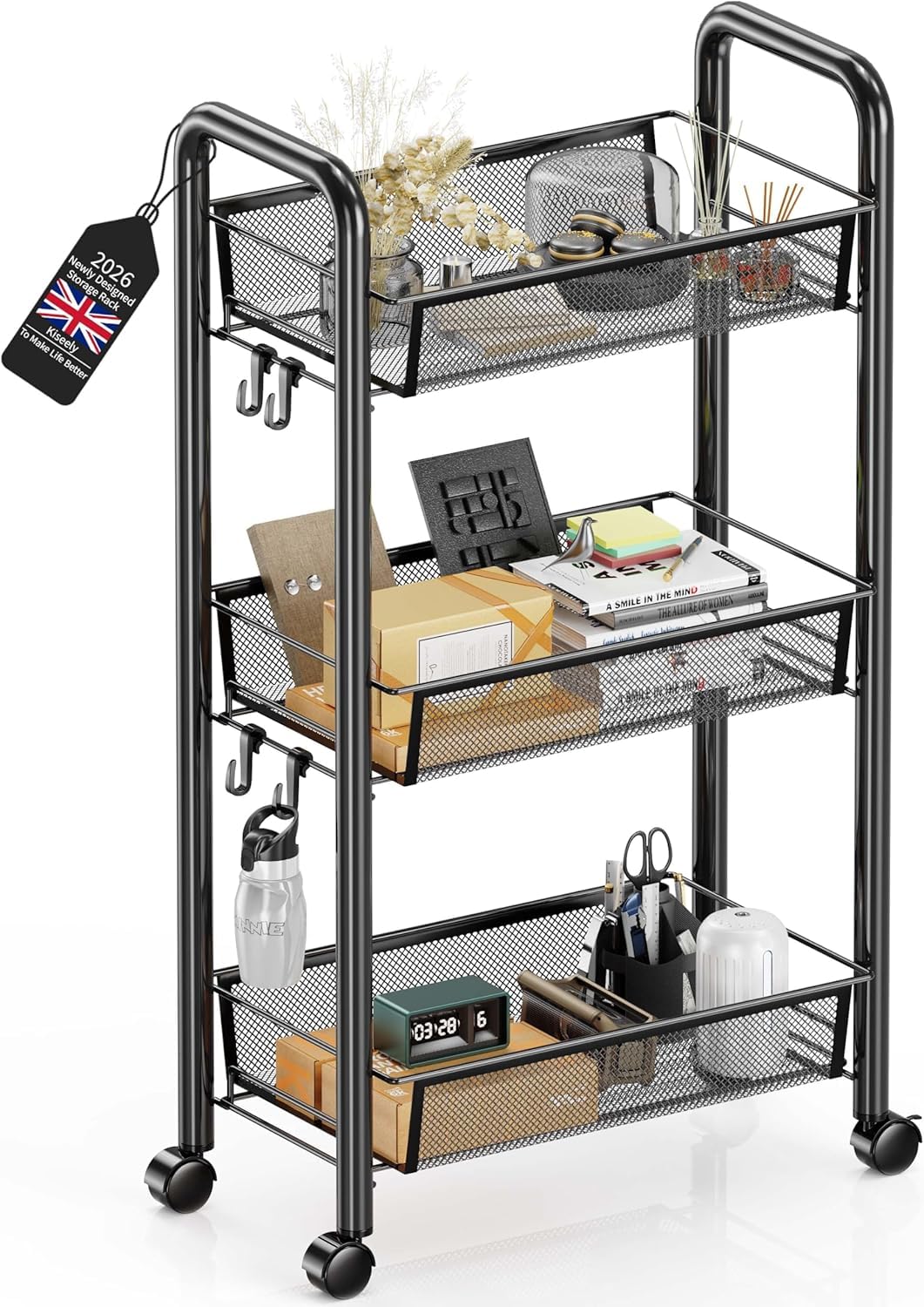Goeasyoii 3/4/5 Tier Rolling Cart, Metal Storage Cart,Space-Saving Kitchen Cart with Castors,Shelving Organizer for Kitchen, Bathroom, Laundry Room
