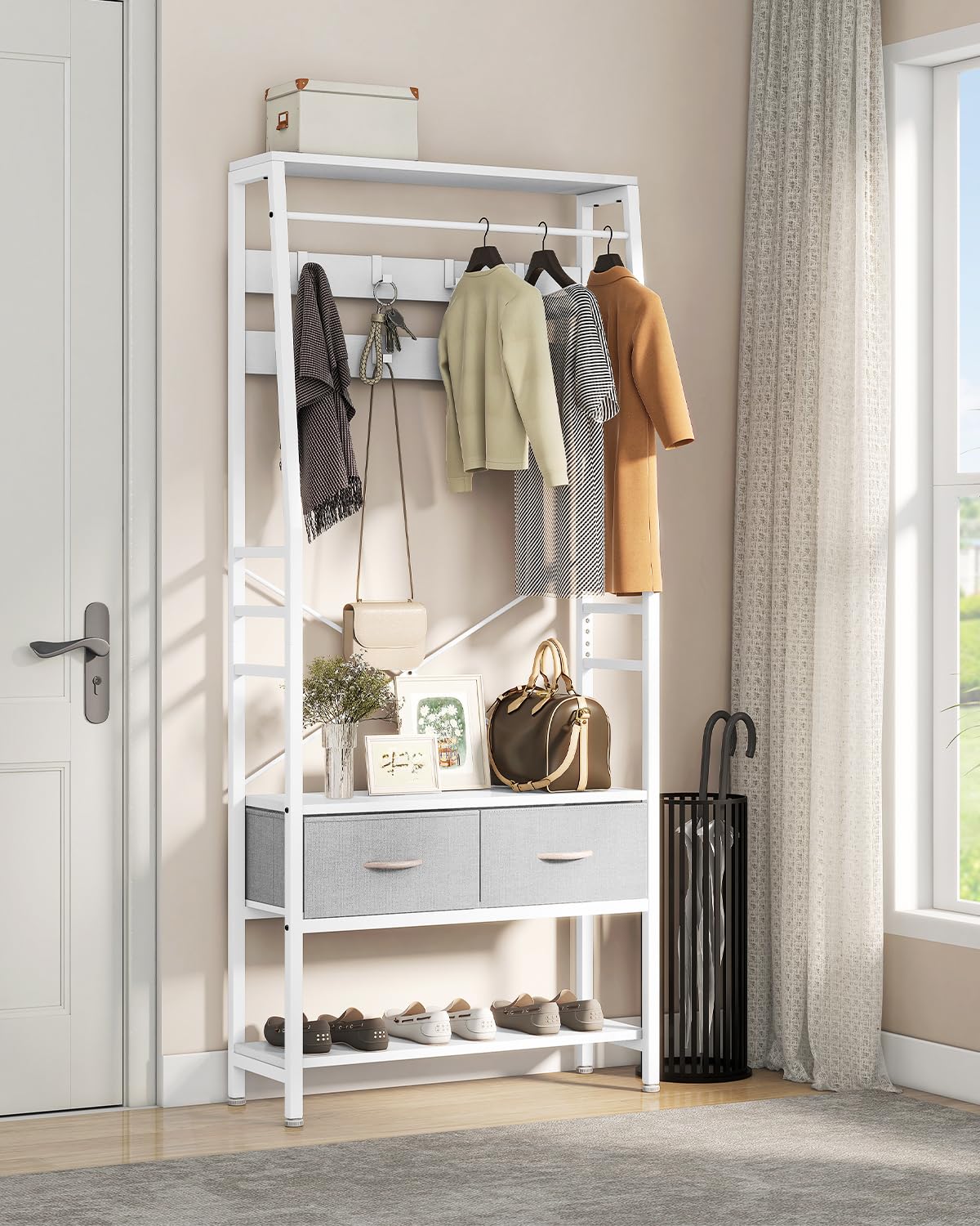 YITAHOME Coat Rack Stand with Shoe Storage, Floorstanding Hall Tree with Bench & 2 Foldable Drawers