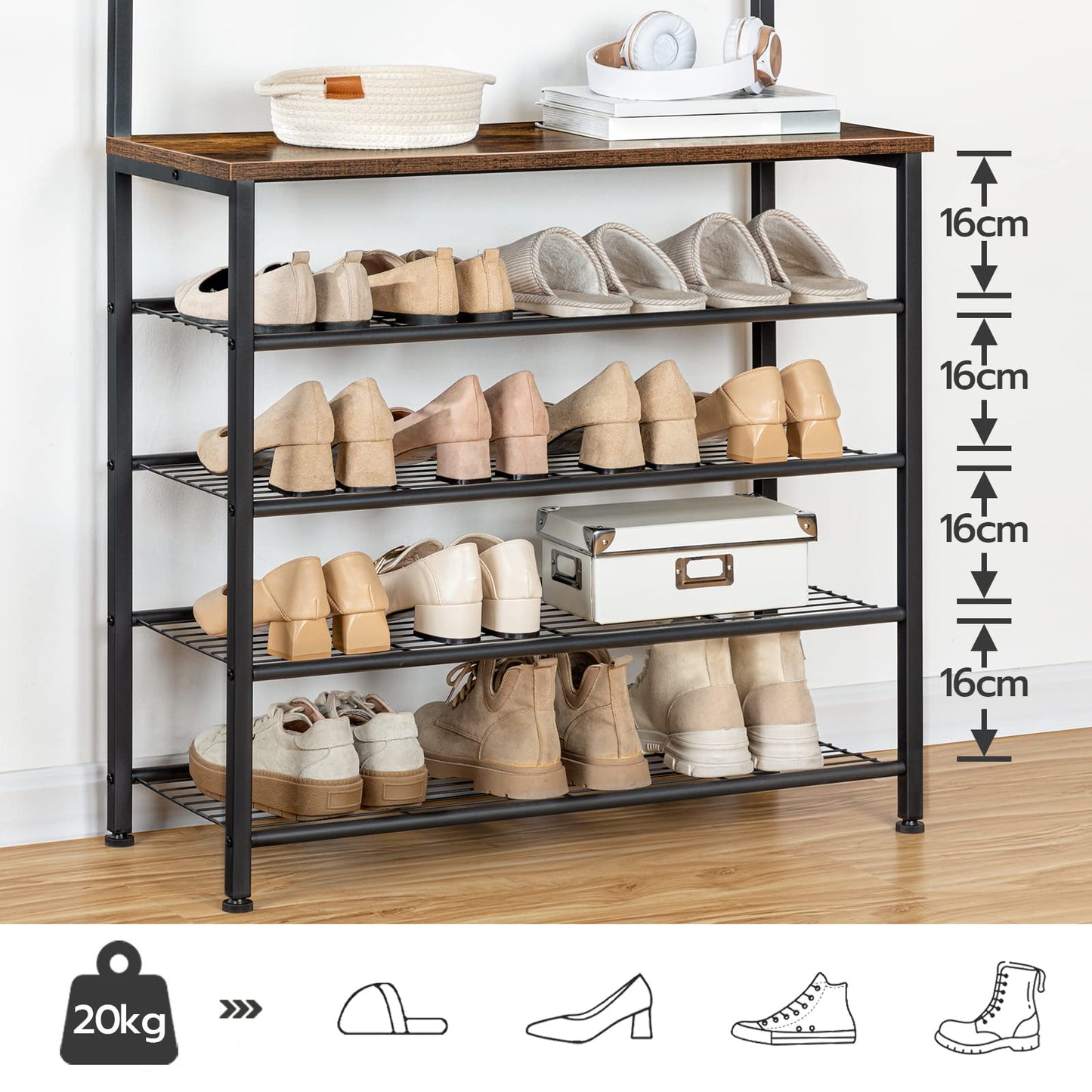 HOOBRO Coat Stand, Coat Rack with Shoe Storage, Free Standing Hall Tree with 9 Hooks, Shoe and Coat Rack for Hallway, Entryway, Metal Frame, Sturdy,