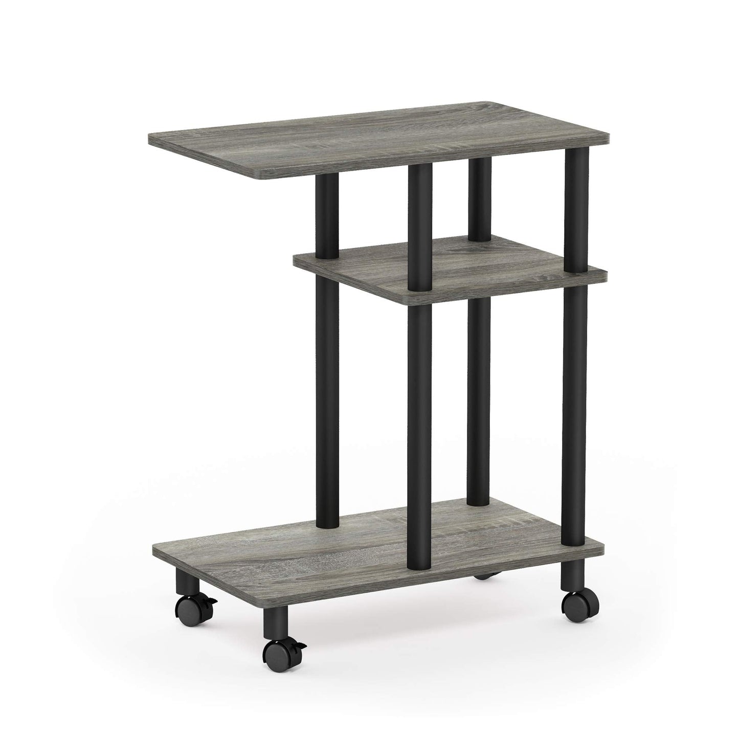Furinno TURN-N-TUBE Side Table, 3-Tier C-Shape End Table with Wheels, Toolless Assembly Night Stand, Bedside Table with Open Shelf, for Living Room