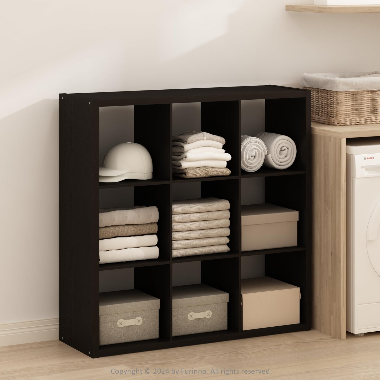 Furinno SIMPLE Cube Storage Organizer, 9-Cube Display Shelf, Open Back Shelving Unit, Storage Shelves, Extra Thick Frame