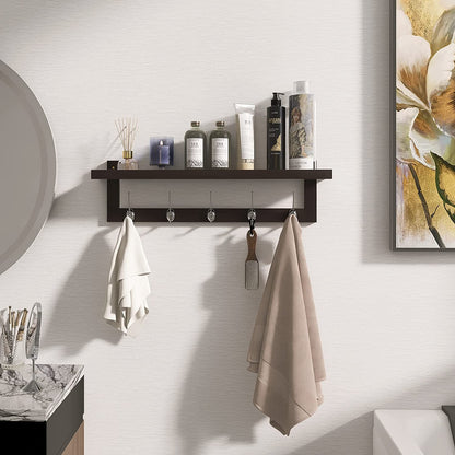 SMIBUY Coat Hooks with Shelf Wall-Mounted, 74 cm Entryway Coat Rack for Wall, Bamboo Hanging Shelf with 5 Double Metal Hooks for Bathroom, Bedroom