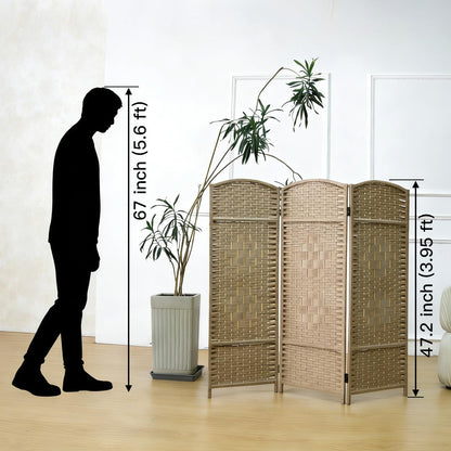 Furnnylane 3 Panel Light Brown Rattan Divider Short Room Partition Screen,Double Sided Short Folding Divider for Room Separation,120 cm Tall