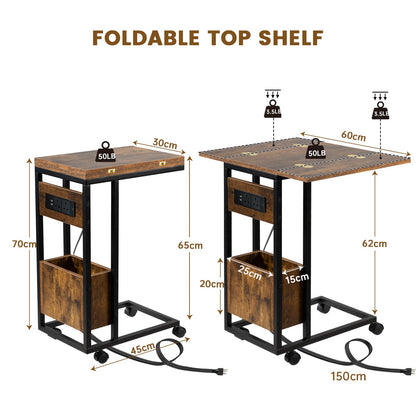 Hadulcet c shaped side table, sofa table with Charging Station & Foldable Tabletop, Laptop Table for Couch, C Table with Storage for Sofa