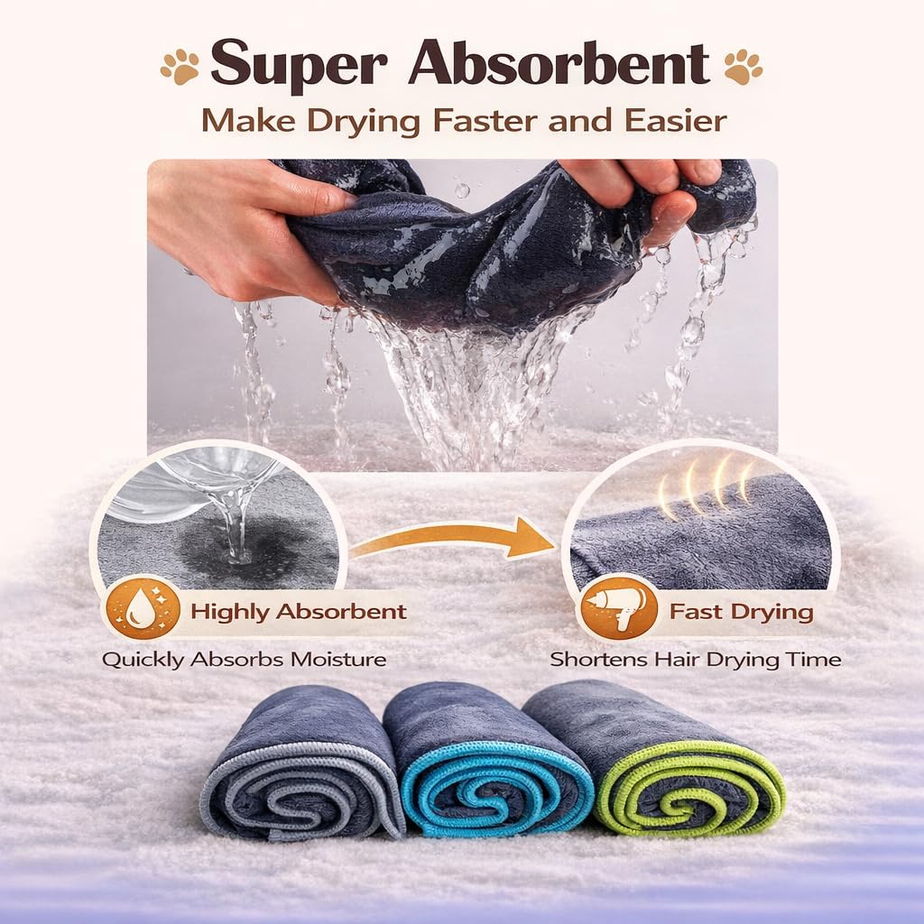 Hitchuey Pet Towels, 3 Pack Pet Bath Towels, 40 x 70 cm, Super Absorbent, Quick Drying, Reusable, Easy to Clean