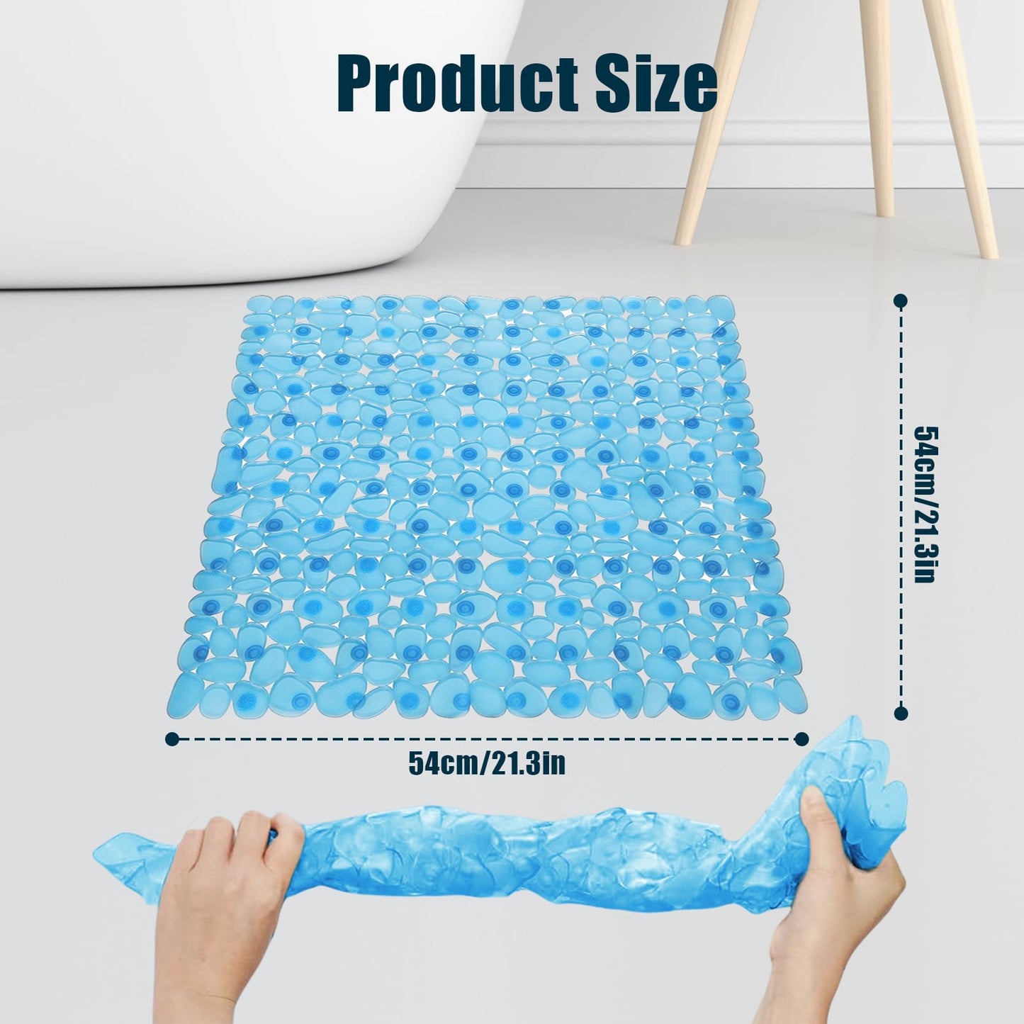 AMFUN 54x54CM Anti Slip Square Shower Mats,Clear Pebbles Shower Bath Mat, Machine Washable Bath Mat with Strong Suction Cups Grip and Drain Holes for