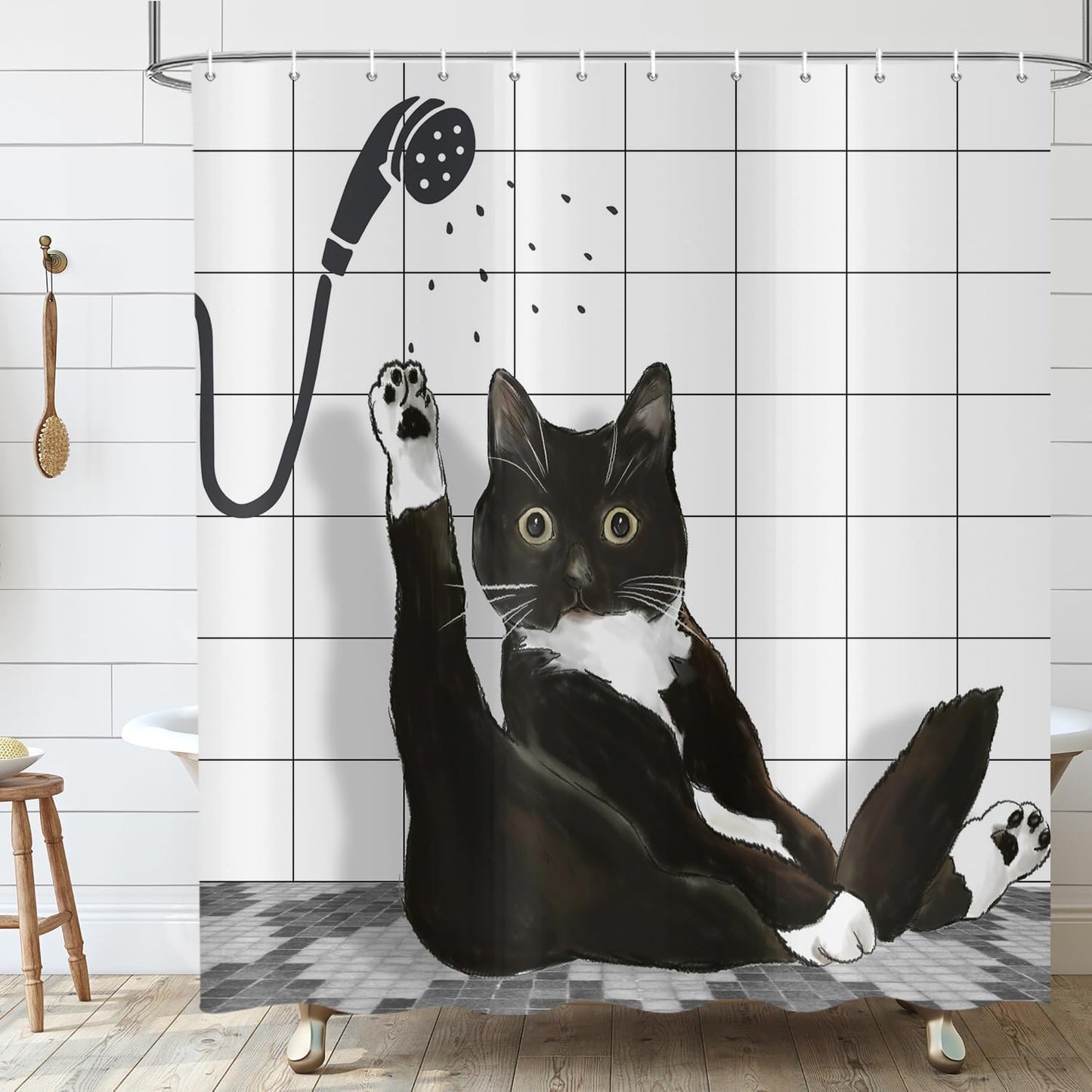 ASDCXZ Funny Cat Shower Curtain 180x200 cm, Cute Cartoon Black Kitten Kids Bathroom Hilarious Waterproof Bath Curtain Polyester Textile Washable