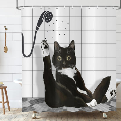 ASDCXZ Funny Cat Shower Curtain 180x200 cm, Cute Cartoon Black Kitten Kids Bathroom Hilarious Waterproof Bath Curtain Polyester Textile Washable