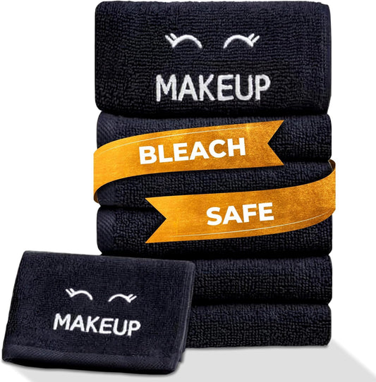 White Classic Makeup Remover Face Towels Set of 6, Bleach Safe Black Cloths 33 x 33 cm, Luxury Ultra Soft Cotton Facial Cleansing Washcloths for Make