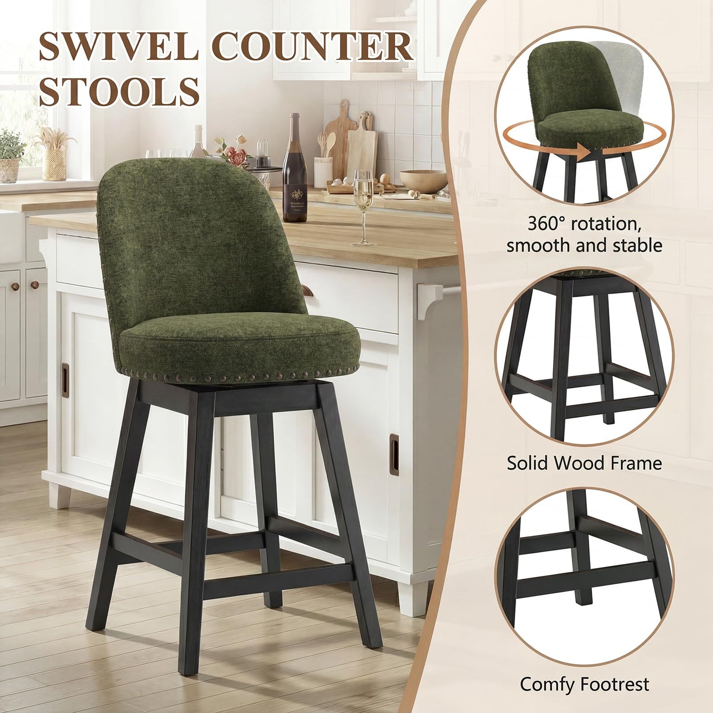 Bar Stools Set of 4, 360° Swivel Counter Stools with Upholstered Seat, Wooden Frame & Nailhead Trim