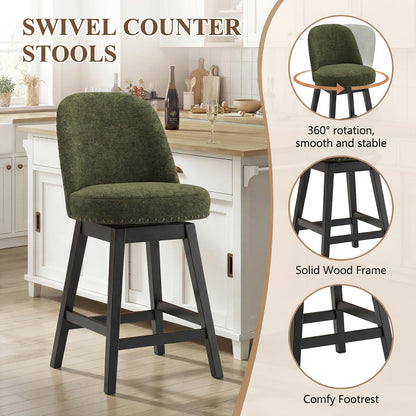 Bar Stools Set of 2, 360° Swivel Counter Stools with Upholstered Seat, Wooden Frame & Nailhead Trim