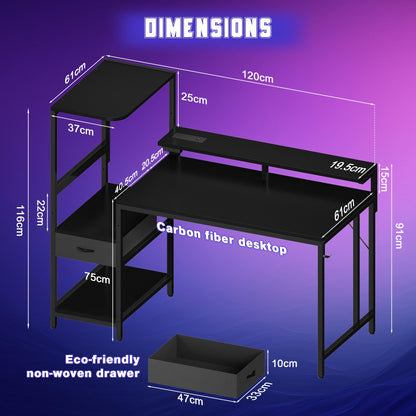 JUMMICO 120×60cm Gaming Desk with Power Outlet & LED Lights, Reversible L-Shaped Computer Desk with Monitor Stand, Storage Drawer & Shelves