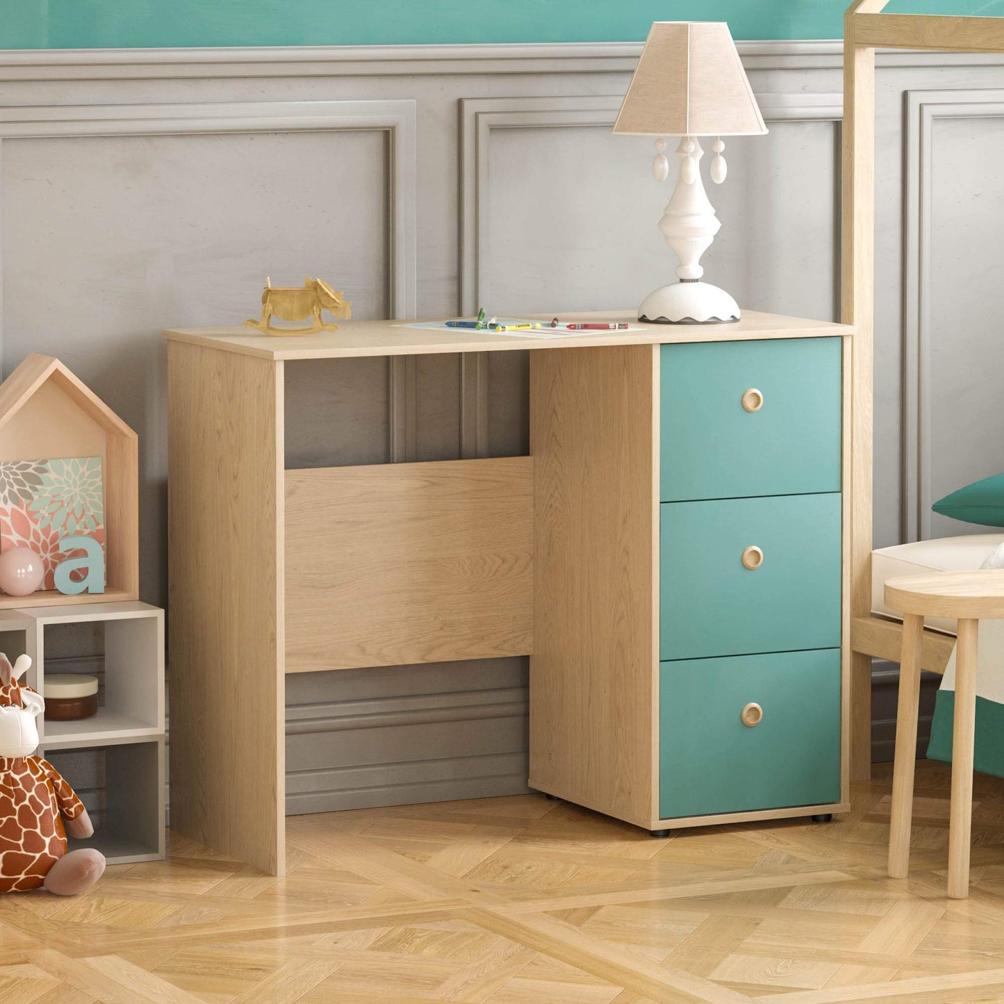 Junior Vida Neptune 3 Drawer Desk Computer Dressing Table PC/Laptop Home Study Workstation Children Kids Furniture (Blue & Oak)