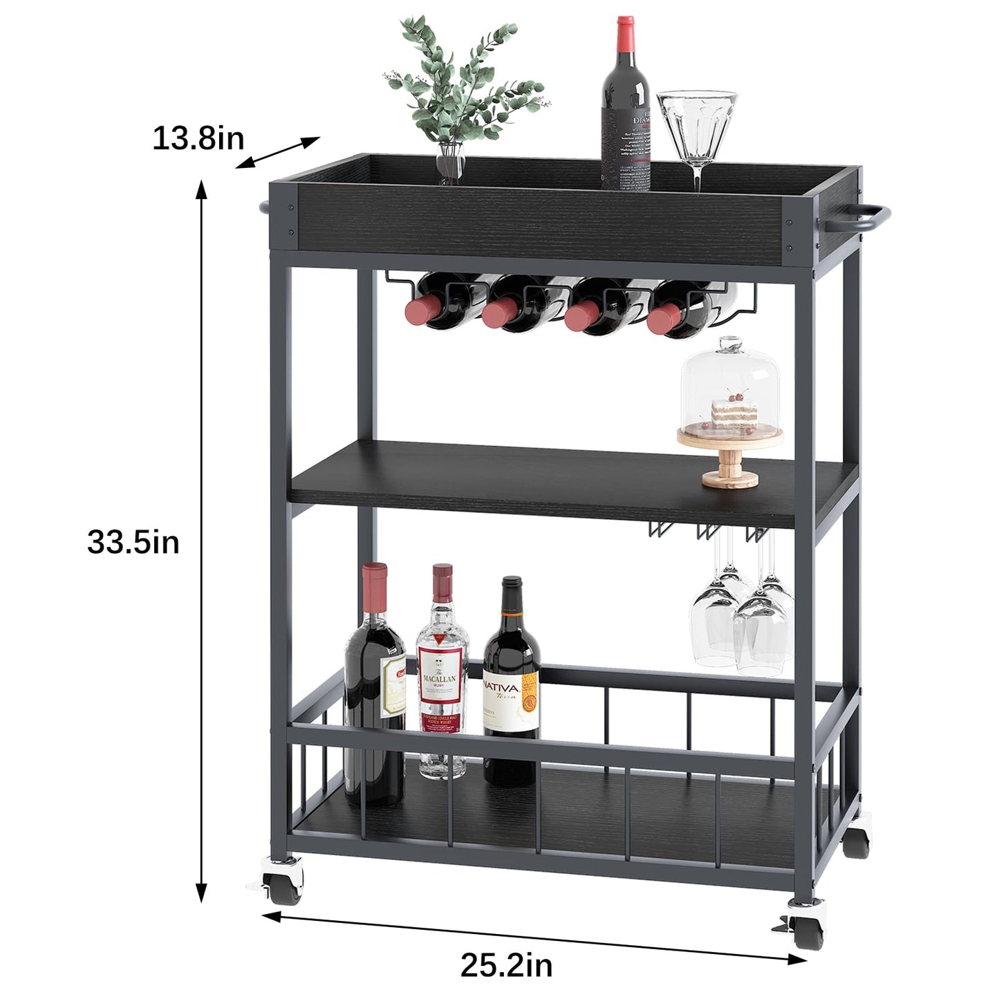 Bar Cart, 3 Tier Serving Trolley, Rolling Wine Trolley, Drinks Trolley