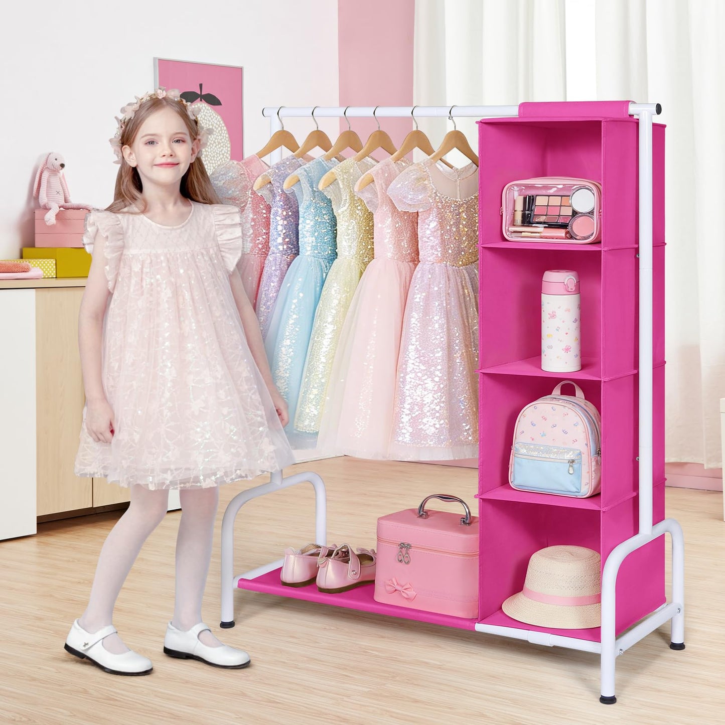 Univivi Kids Clothes Rail, Short Kids Dress Up Rail, Magenta & White