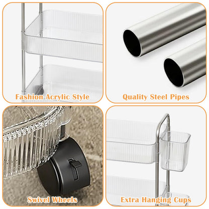 Nidoul 4-Tier Acrylic Rolling Storage Cart,Storage Trolley Lockable Wheels with 4Pcs Extra Hanging Cups Handles for Bathroom,Kitchen Storage and