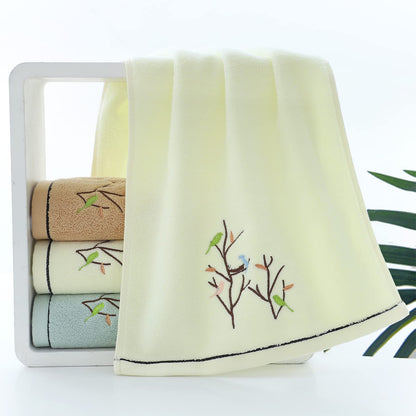Pidada Hand Towels Set of 2 Embroidered Bird Tree Pattern 100% Cotton Absorbent Soft Decorative Towel for Bathroom 35 x 75 cm (Light Yellow)
