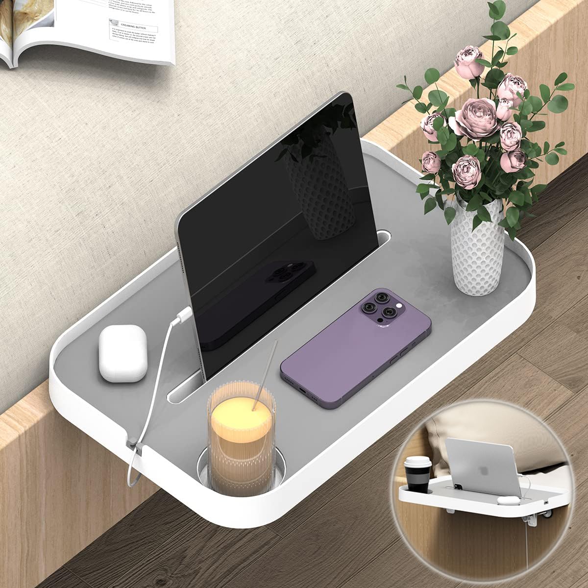 KIWIFOTOS Bedside Shelf for Bed, Clip-On Bedside Shelf Nightstand for Dorm Bunk Bed, Organizer Shelf with Cup Holder, iPad Slot, Mute Design- White
