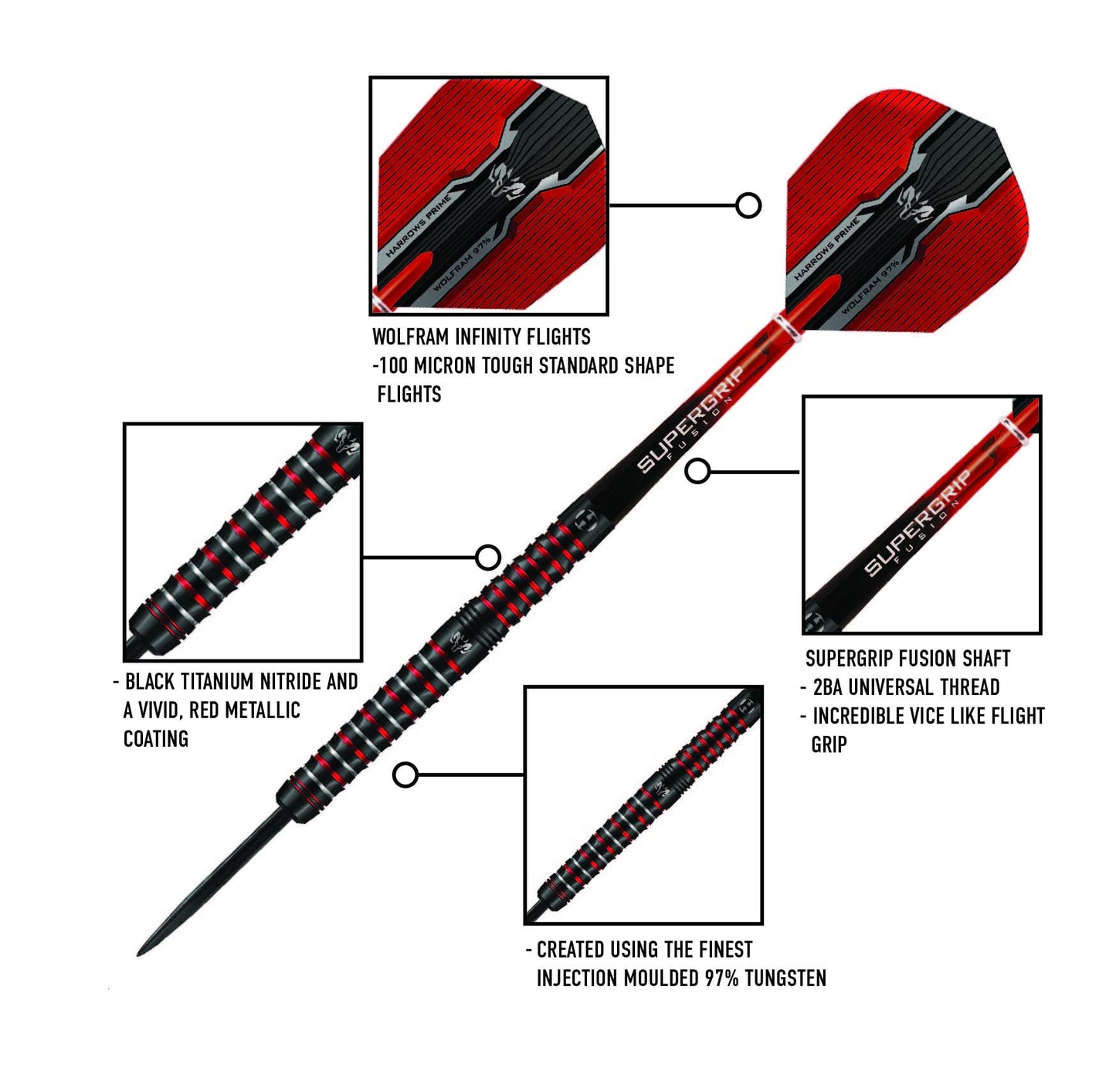 Harrows Wolfram Infinity Steel Tip Tungsten Darts Set 21g, 22g, 23g & 24g - Includes Supergrip Fusion Shafts & Prime Wolfram Infinity Flights (22g)