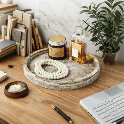 WORHE Round Marble Vanity Tray, Gray Travertine,Natural Marble Stone 24cm D