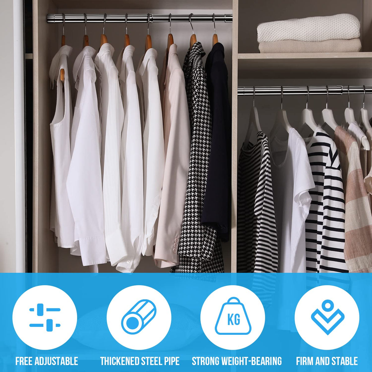 WAENLIR 70cm-120cm Extendable Stainless Steel Wardrobe Rail, Adjustable Clothes Rail Pole With End Sockets.