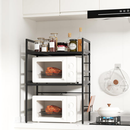Furnestorica Retractable and Adjustable Microwave Rack, 3-Layer Microwave Shelf Made of Carbon Steel, Robust Holder with 6 Hooks