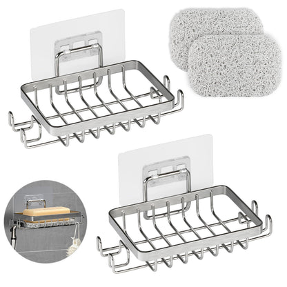 YoHyien 2 Pcs 304 Stainless Steel Wall Mounted Soap Holder, Self Adhesive Soap Dishes with Hooks & Soap Saver, Shower Soap Holder for Bathroom