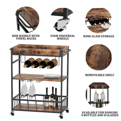 Huhote Serving Trolley, Kitchen Trolley, Bar Cart with Wheels, Wine Cart with Bottle Holder, 3 Tier Drinks Trolley for Living Room, Dining Room