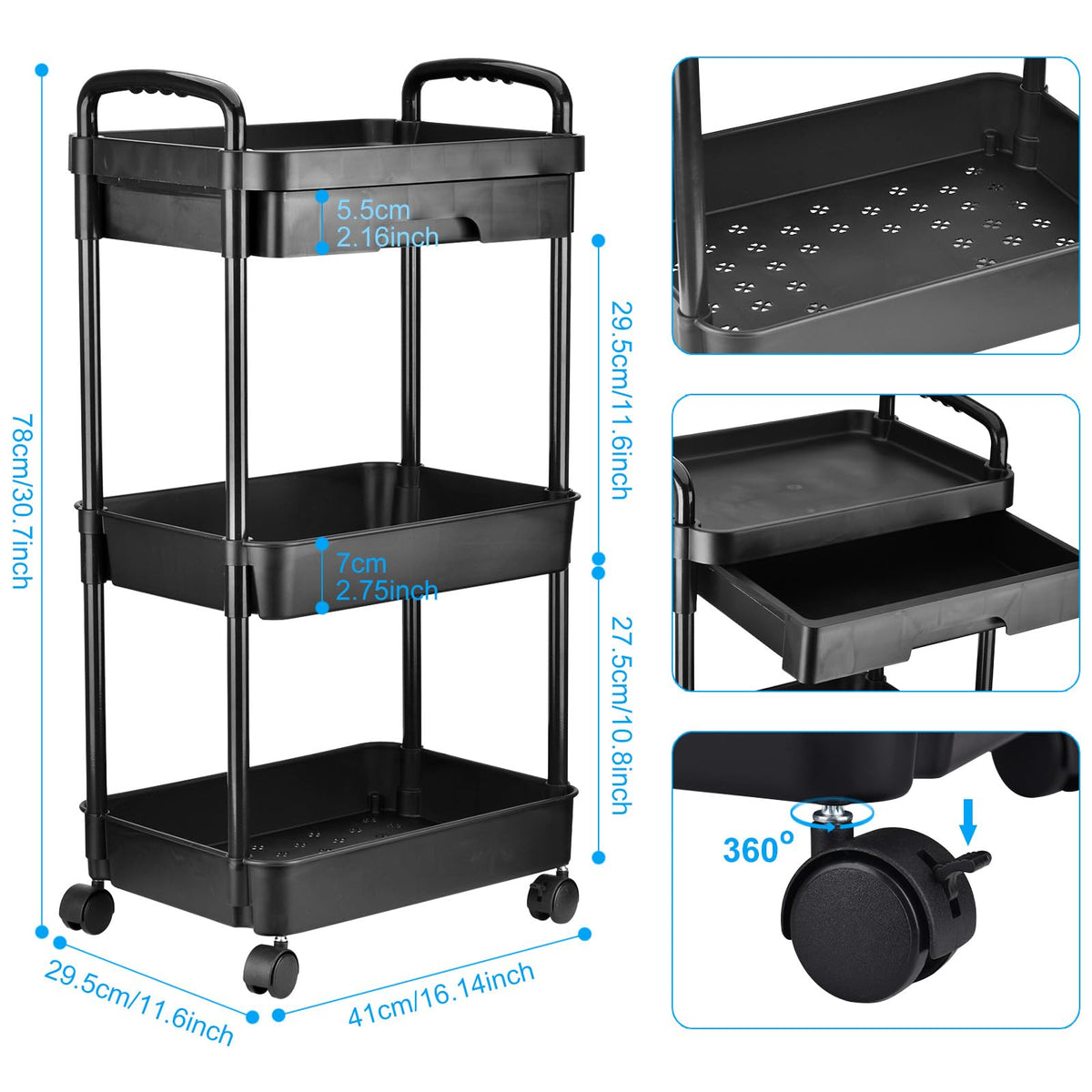 DUOJIN 3 Tier Plastic Rolling Utility Cart with Handle, Multi-Functional Storage Trolley with Mesh Baskets and Lockable Wheels for Bathroom Kitchen