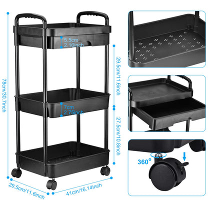 DUOJIN 3 Tier Plastic Rolling Utility Cart with Handle, Multi-Functional Storage Trolley with Mesh Baskets and Lockable Wheels for Bathroom Kitchen