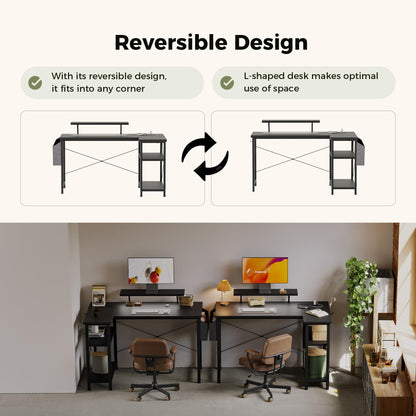 Mericonia Corner Desk, w. Monitorstand & Built-in Socket, 140x70cm, Black
