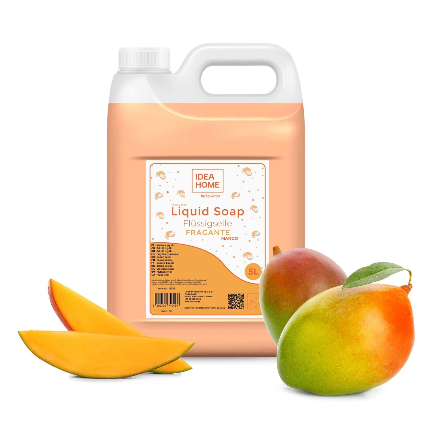 IDEA HOME FRAGANTE Hand Soap Liquid 5L - Soap Canister for All Skin Types - Good Foaming - Cream Soap Rich in Vitamins A, E, F and Minerals - Mango