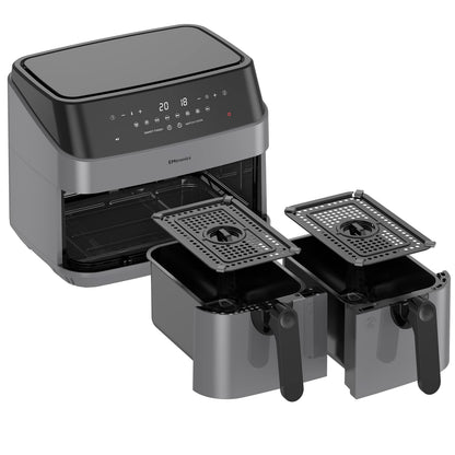 EMtronics EMAFDD9LGR Dual Air Fryer Extra Large Family Size Double XL 9 Litre with 8 Adjustable Pre-Set Menus for Oil Free & Low Fat Healthy Cooking,