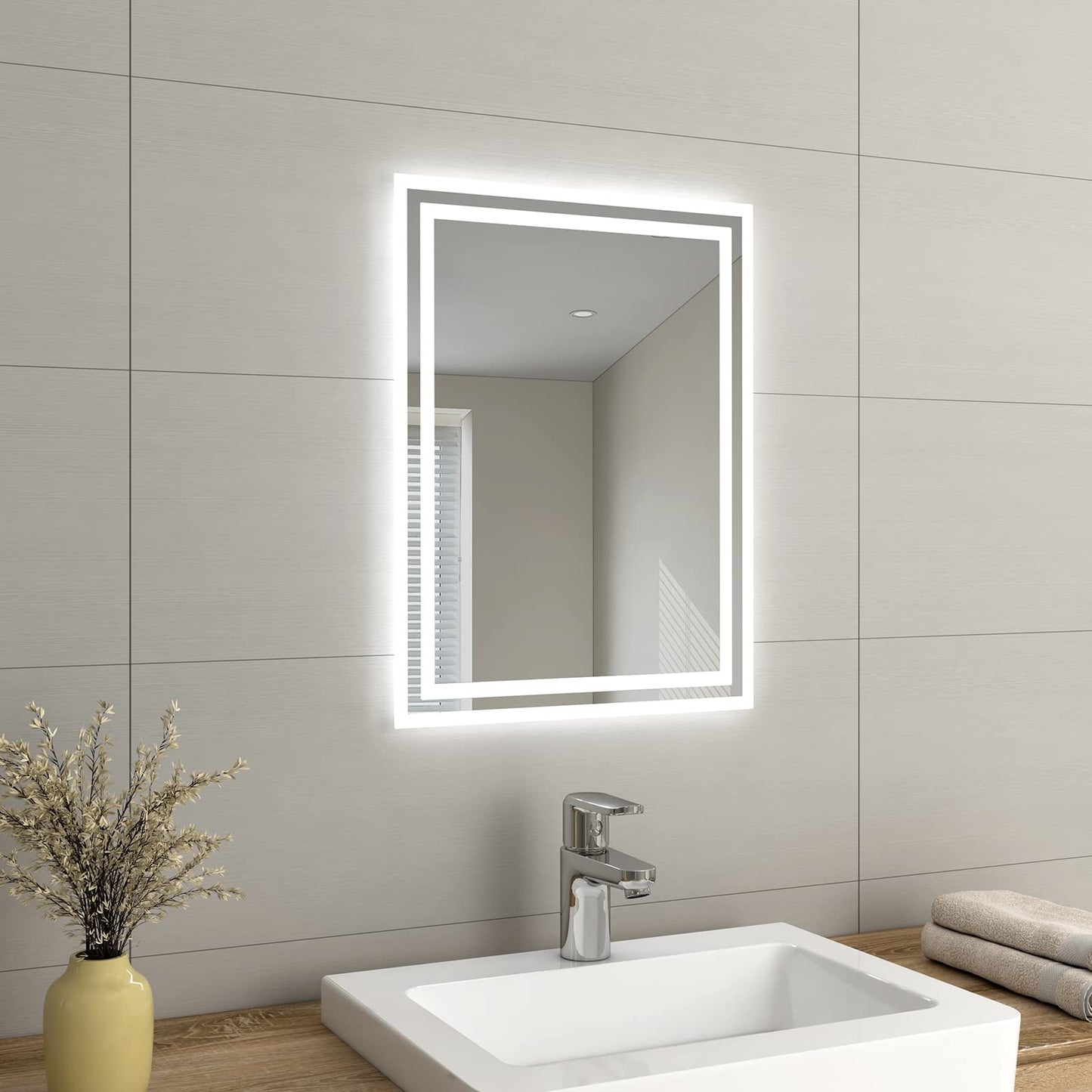 EMKE LED Small Bathroom Mirror 450x600mm, Wall Mounted Bathroom/Bedroom Vanity Mirror with LED Lights | Demister Pad, Easy Control Smart Mirror