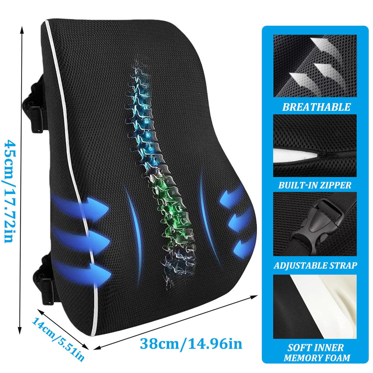 Menmamenma Lumbar Support Pillow for Office Chair Car Memory Foam Back Cushion Large Back Support Pillow for Computer, Gaming Chair