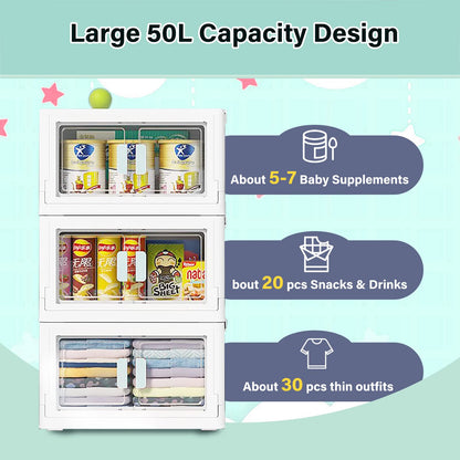 BTGGG 3 Pack Stackable Storage Boxes Large 50L*3 Foldable Collapsible Clear Storage Boxes Organizer 50 * 36 * 90cm, Front Door Opening for Easy