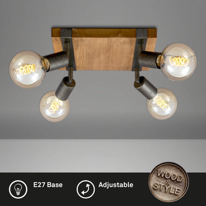 BRILONER - Vintage Ceiling Light Rotatable, 4X E27 Socket, max. 25W, Retro, Wooden Base, spot Lights Ceiling, 4 spot Lights, Ceiling Lights Living