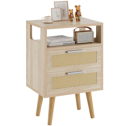 YMYNY Nightstand with 2 Drawers, Boho Side Table, Handmade Rattan Decorated, Open Shelf Unit with Arched Design, Solid Wood Legs
