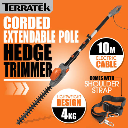 Terratek Corded Extendable Pole Hedge Trimmer 550W 2.5M Telescopic Hedge Trimmer Long Reach Hedge Cutter with 4 Position's, 10m Cable and Shoulder